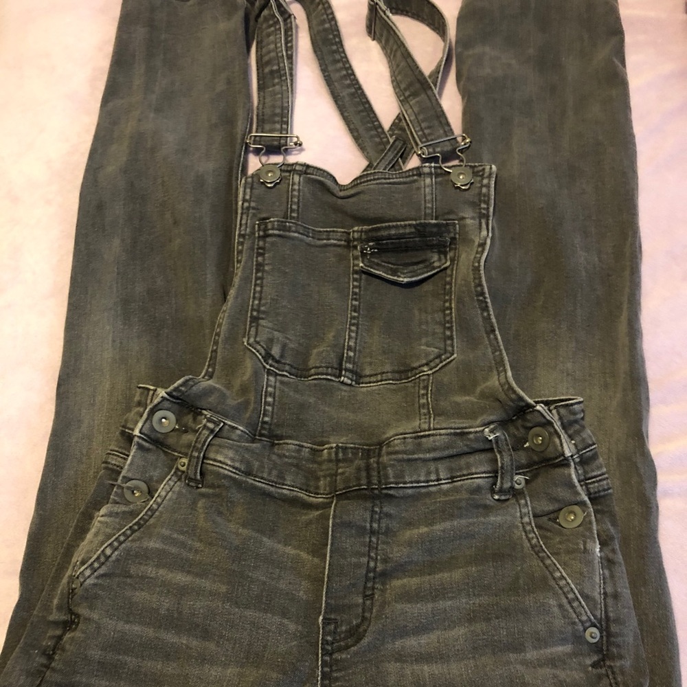 Faded black denim overalls